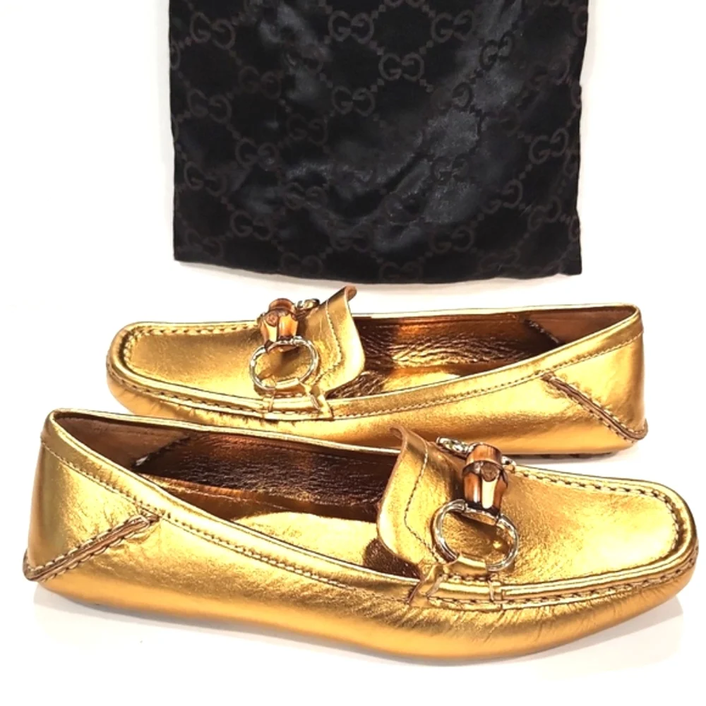 NEW!! Gucci Bamboo Horsebit Gold Leather Driving Shoes Loafers 155162  Size 5B